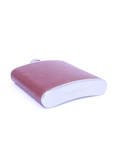 Kahverengi Deri Kaplama Paslanmaz Çelik Cep Matarası - Hip Flask 7 Oz