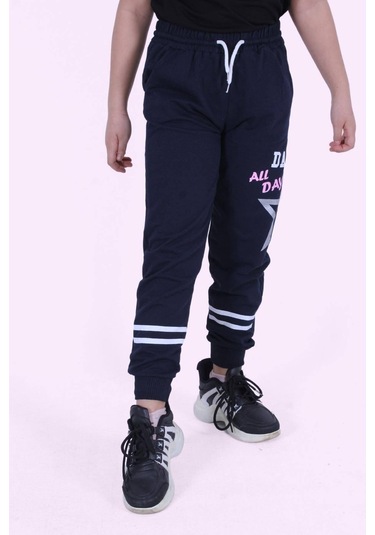 Yıldız Detaylı Yazı Baskılı Kız Çocuk Eşofman Altı Lacivert