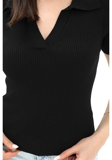 Polo Yakalı Kısa Kol Triko Kazak - Siyah - Kadın Siyah