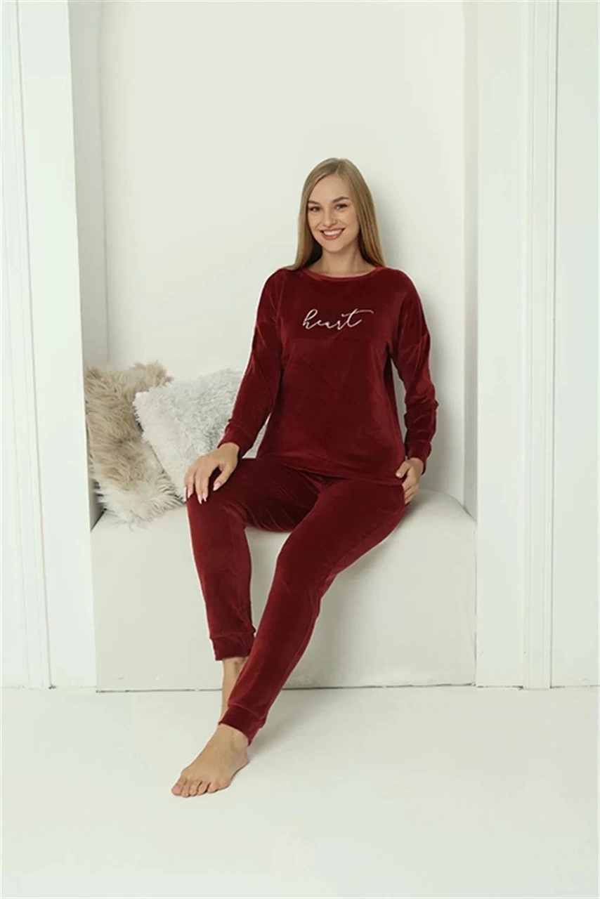 Moda Kadın Kadife Bordo Pijama Takım Bordo