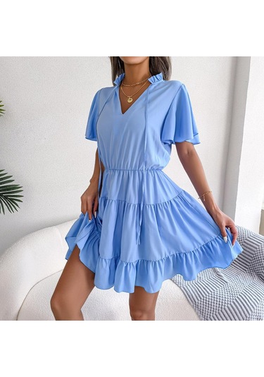 Gmxıa Kadın Modası Düz Renk Baskılı Yaz Bahar Kısa Kollu V Yaka Bol Günlük Elbiseler Mavi