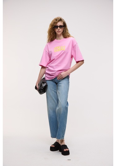 Grımelange Gojı Kadın %100 Pamuk Baskılı Oversize Fit Bisiklet Yaka Kısa Kollu Pembe T-shirt Pembe