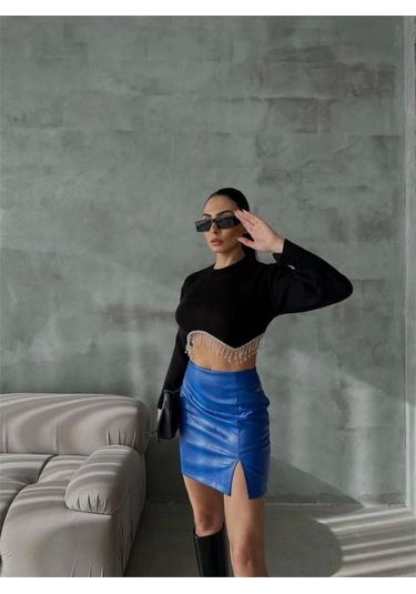 Kapitone Deri Etek Yırtmaçlı - Saks Saks