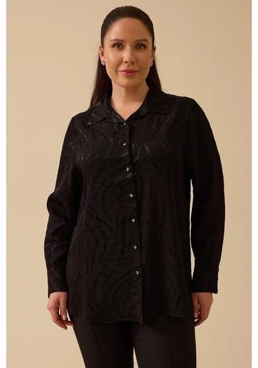 Galaxi Kadın Büyük Beden Jakarlı Düğmeli Gömlek 4011 Siyah Siyah