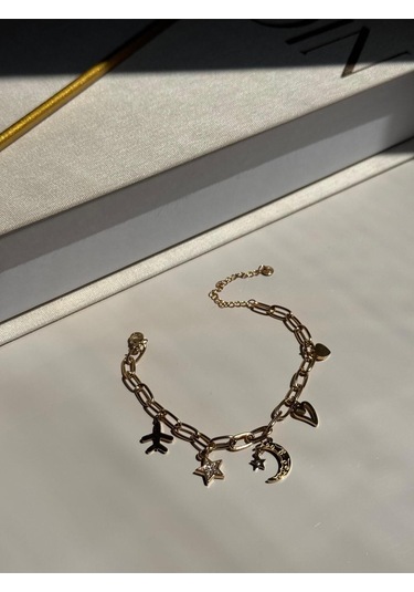 Altın Kaplama Yıldız, Ay Ve Kalp Figürlü Çelik Zincir Bileklik Altın