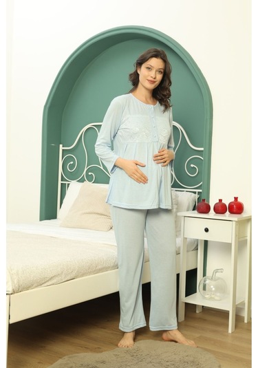 Göğüs Dantel Detaylı Kadın Hamile Pijama Takımı 1031 Mavi