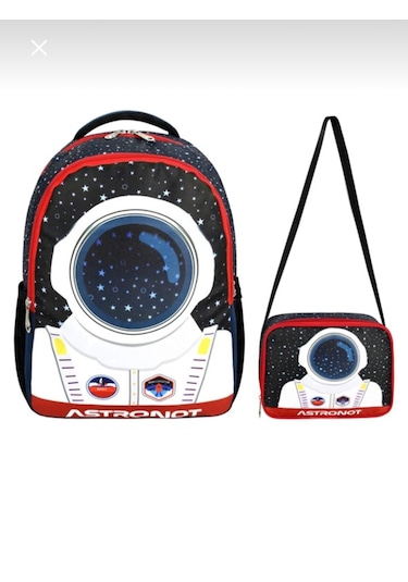 Newfull Astronot Baskılı Erkek Sırt Okul Çantası-2'li Set-syh Krm