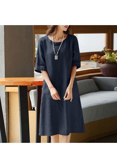 Zanzea Pamuk Keten Elbise Kadın Yaz Rahat O-boyun Yarım Kollu Elbise Lacivert