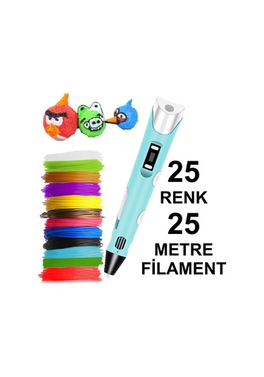Mavi 3D Kalem Yazıcı+25 Renk 25 Metre (25X1Metre) Pla Filament