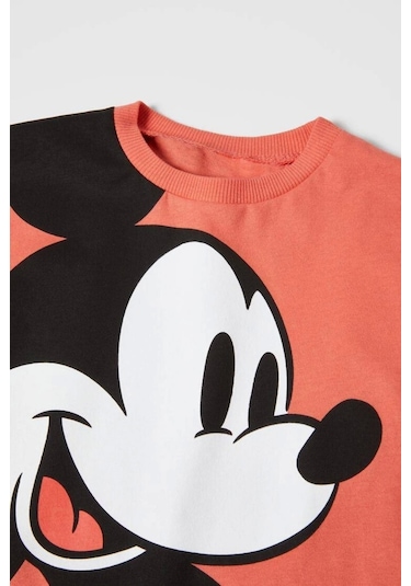 Unisex Çocuk Mickey Mouse Baskılı Pamuklu Bisiklet Yaka T- Shirt Ve Şort Alt Üst Takım Somon