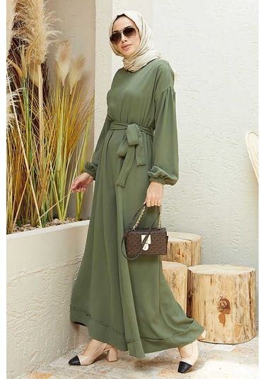 6569-Krep Tulum Elbise Haki