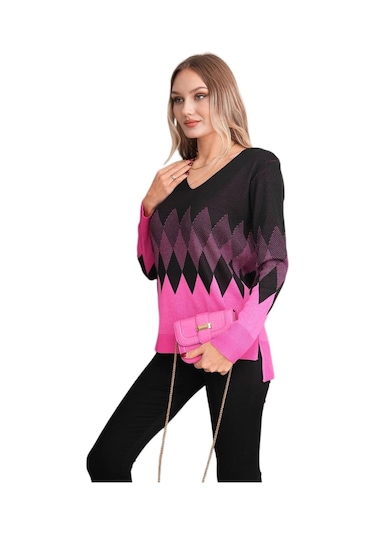 Kadın V Yaka Baklava Desen Kazak 12807 Bgl-st04104 Pembe