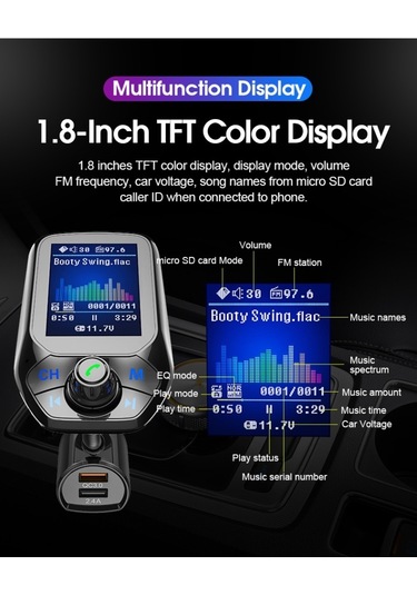 Sones T43 Araba Bluetooth Mp3 Çok Fonksiyonlu Büyük Renkli Ekran Qc3.0 Bluetooth Araç Şarjı Kayıpsız Araba Bluetooth Oynatıcı