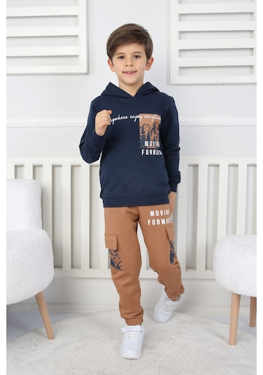 Moving Forward Kargo Cep Kapüşonlu 2 İplik Şardonlu Alt-üst Erkek Çocuk Eşofman Takımı Lacivert