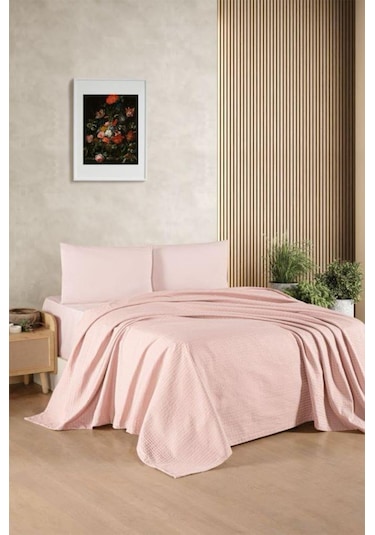 Kristal Bamboo Lastikli Çarşaflı Çift Kişilik Pike Takımı Pudra Pu