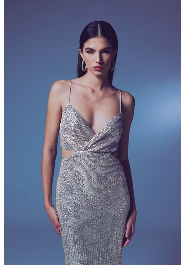 Dekolteli Payet Elbise - Bej-135644 Bej