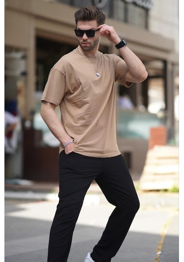 Madmext Vizon Bisiklet Yaka Baskılı Kısa Kollu Overfit Tişört 7036-vizon Vizon