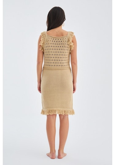 Peraluna Mıyokı Dress %100 Pamuk Diz Hizası Yazlık Kadın Triko El Bej