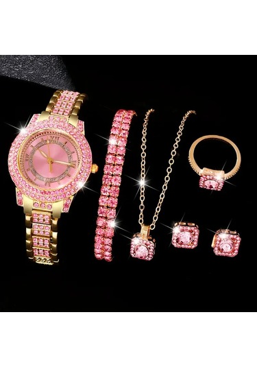 Vip Saat İle Kolye+küpe+yüzük+bileklik 6 Parça Takı Seti Altın