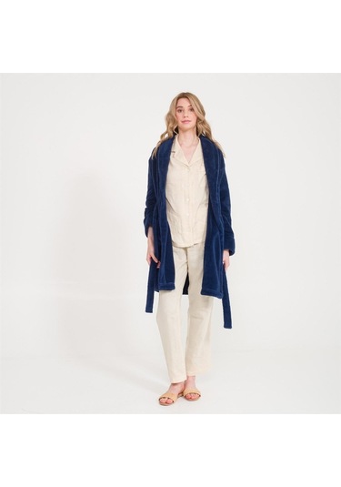 Kadın Welsoft Şal Yaka Polar Sabahlık Lacivert