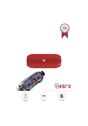 Torima D47 Kırmızı Bluetooth Hoparlör Kablosuz Taşınabilir Ses Bombası Tws, Usb, Tf Kart, 1200 Mah
