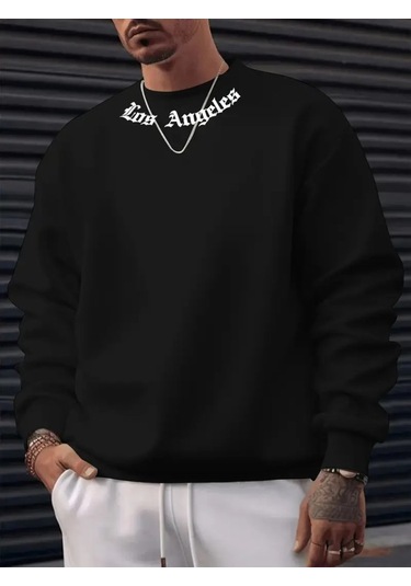 Erkek Uzun Kollu Bisiklet Yaka Yazı Detaylı Iki Iplik Bluz Siyah