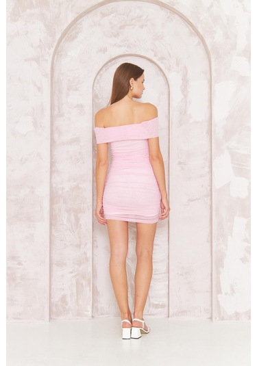 Kadın Omzu Açık Drapeli Pembe Tül Mini Elbise Dm1048 Pembe