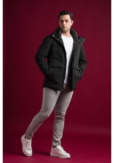 Slimfit Kapşonlu Çıtçıt Ve Fermuar Kapamalı Kapak Cepli Elyaf Dolgulu Astarlı Yan Cepli Uzun Mont 001