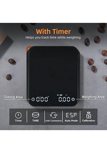 Fortunelane Kahve Terazisi: Hassas Ölçüm, 3 Mod, Entegre Zamanlayıcı, Şarj Pil, Siyah, 2kg Kapasite Siyah