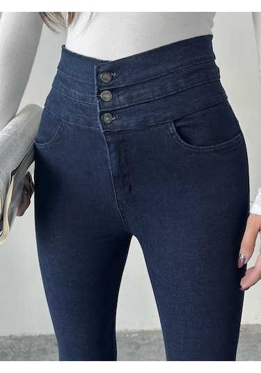 Kadın 3 Kemerli Yüksek Bel Kot Dar Paça Pantolon Lacivert