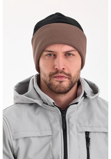 Erkek Siyah Polar Dış, Kahve Pamuklu Iç Kısım, Çift Renk Çift Katmanlı Katlanabilir Yumuşak Bere - Standart / Siyah-kahverengi Siyah-kahverengi