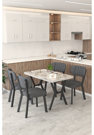 Gnr 70x110cm Sabit Efes Mutfak Masası Takımı, Yemek Masası, 4 Modern Antrasit Sandalye Antrasit