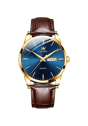 Olevs 6898 Erkekler Moda Su Geçirmez Çift Takvim Kuvars Saat Kahverengi Mavi
