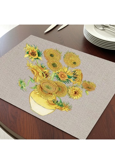 Ayçiçekleri Tasarımlı Amerikan Servis, Tabak Altlığı & Şık Masa Dekoru, Ev Hediyesi, 2 Adet Krem