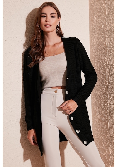 Lela Regular Fit V Yaka Düğmeli Triko Örme Uzun Bayan Hırka 4615044 Siyah