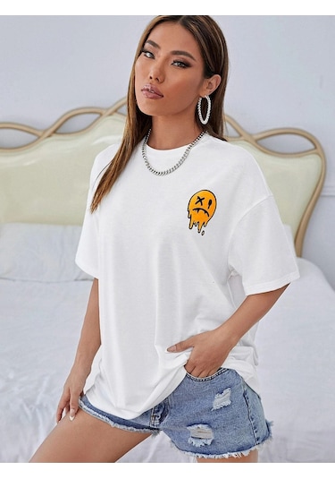 Kadın Beyaz Oversize No More Rules Baskılı Örme T-shirt Beyaz
