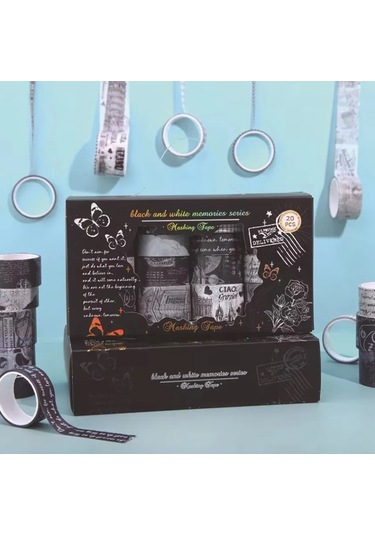 Dikdörtgen Vintage Washi Tape Bant Yapışkanlı Maskeleme Kağıdı Desenli Bant 20'li - Siyah Seri Bant 1