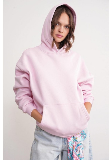 Mixray 2022 Unisex 3iplik Basic Polarlı Kapüşonlu Sweatshirt Hoodie Pembe