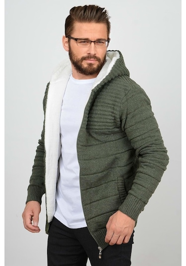 Erkek İçi Kürklü Kapüşonlu Fermuarlı Triko Hırka  T743- Yeşil
