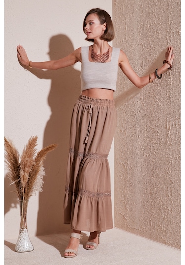 Lela Güpürlü Beli Lastikli Uzun Bayan Etek 611Et0106 Camel