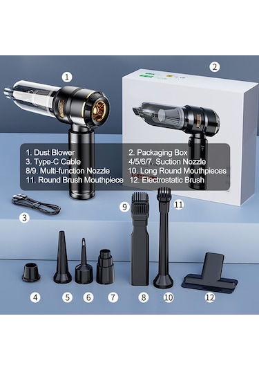 Springsun 4'ü 1 Arada 80.000 Rpm Hava Üfleyici - 3 Kademeli, 6000mah Şarjlı, Araba/klavye/halı Temizliği