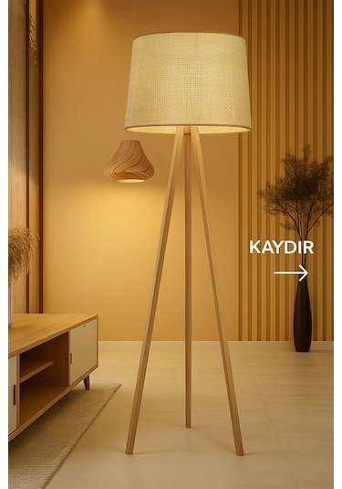 Doğal Rattan Hasır Ahşap Lambader Ahşap