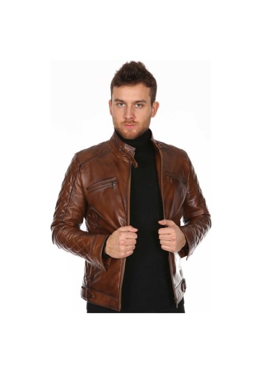 Hakiki Deri Kahverengi Neymar Omuz Kol Işlemeli Erkek Deri Ceket Kahverengi