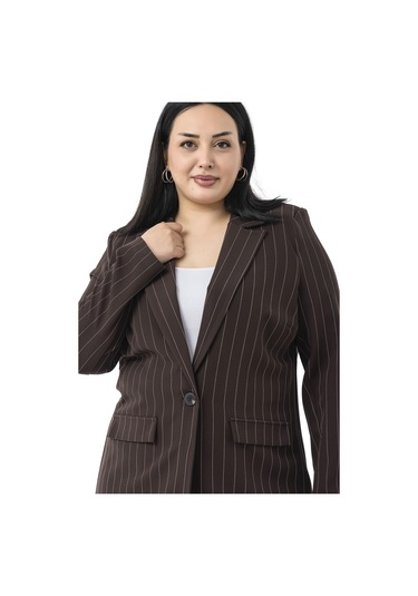 Büyük Beden Çizgili Kahverengi Ceket Pantolon İkili Takım Kahverengi