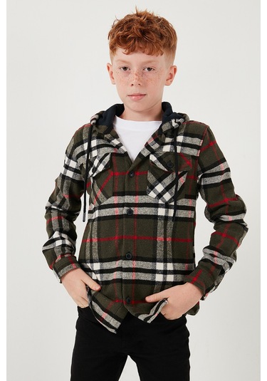 Lela Kapüşonlu Çift Cepli Ekoseli Oduncu Erkek Çocuk Gömlek Cf25W81786 Haki