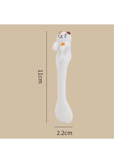 Fosenze Seramik Kedi Desenli Kadeh Ve Kaşık Seti, Askılı Tasarım, 300 Ml Kapasite, Beyaz Rengi, Glaze Kaplama Beyaz