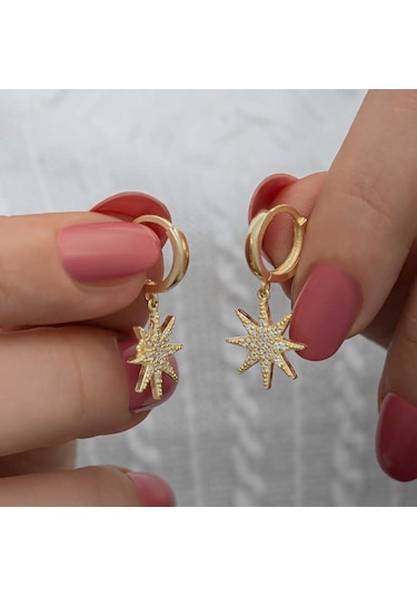 Aya Diamond Gümüş Gold Sallantılı Kutup Yıldızı Kadın Küpe Gold