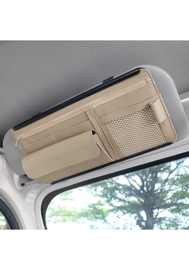 Bej Araba Organizatör Güneşlik Depolama Araba Güneşlik Klip Deri Saklama Kutusu Kalem Kart Bilet Güneş Gözlüğü Klip Çanta Araba Aksesuarları