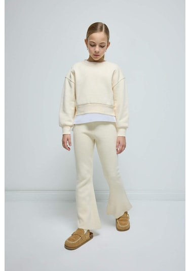 Defacto Kız Çocuk Flare Fit İspanyol Paça Basic Düz Triko Pantolon A6029A824WNER233 Ekru