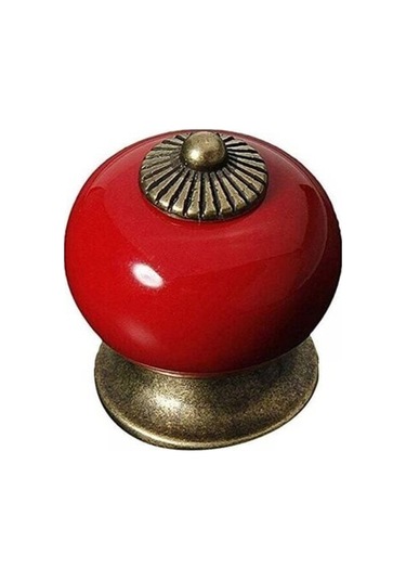 Dolap Kapağı Veya Çekmece İçin Kırmızı 5 Yuvarlak Seramik Düğme - Porselen Sap - Country Stili